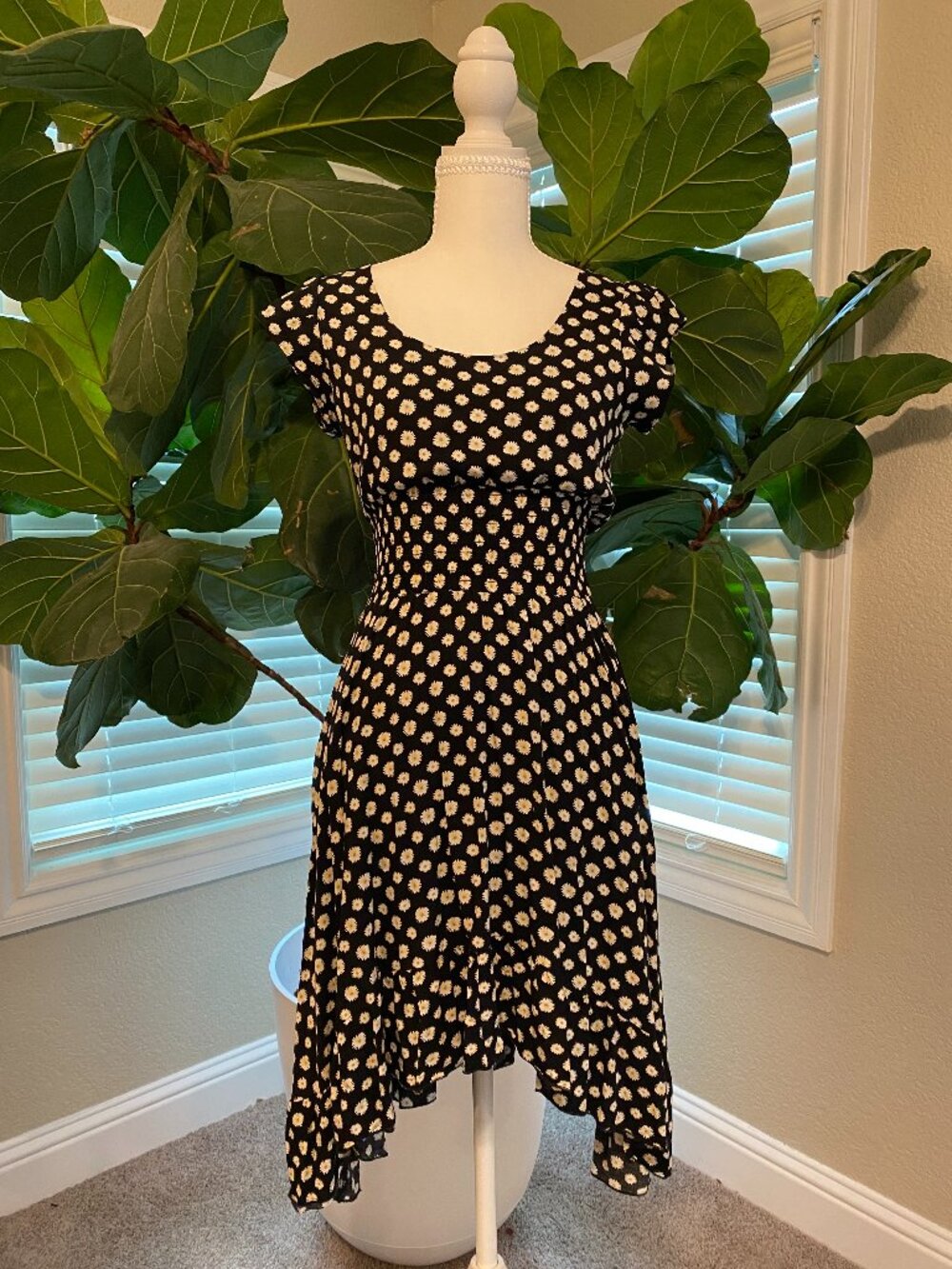 💕 American Rag Floral High Low Dress XS Black White Boho Cottagecore Romantic